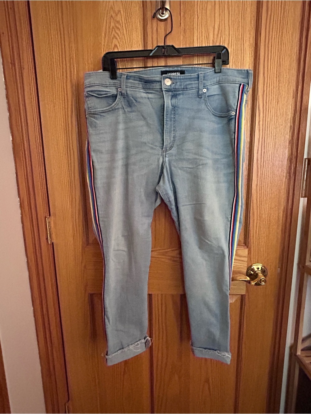 Express Light Blue Cropped Jeans with Rainbow Side Stripes
